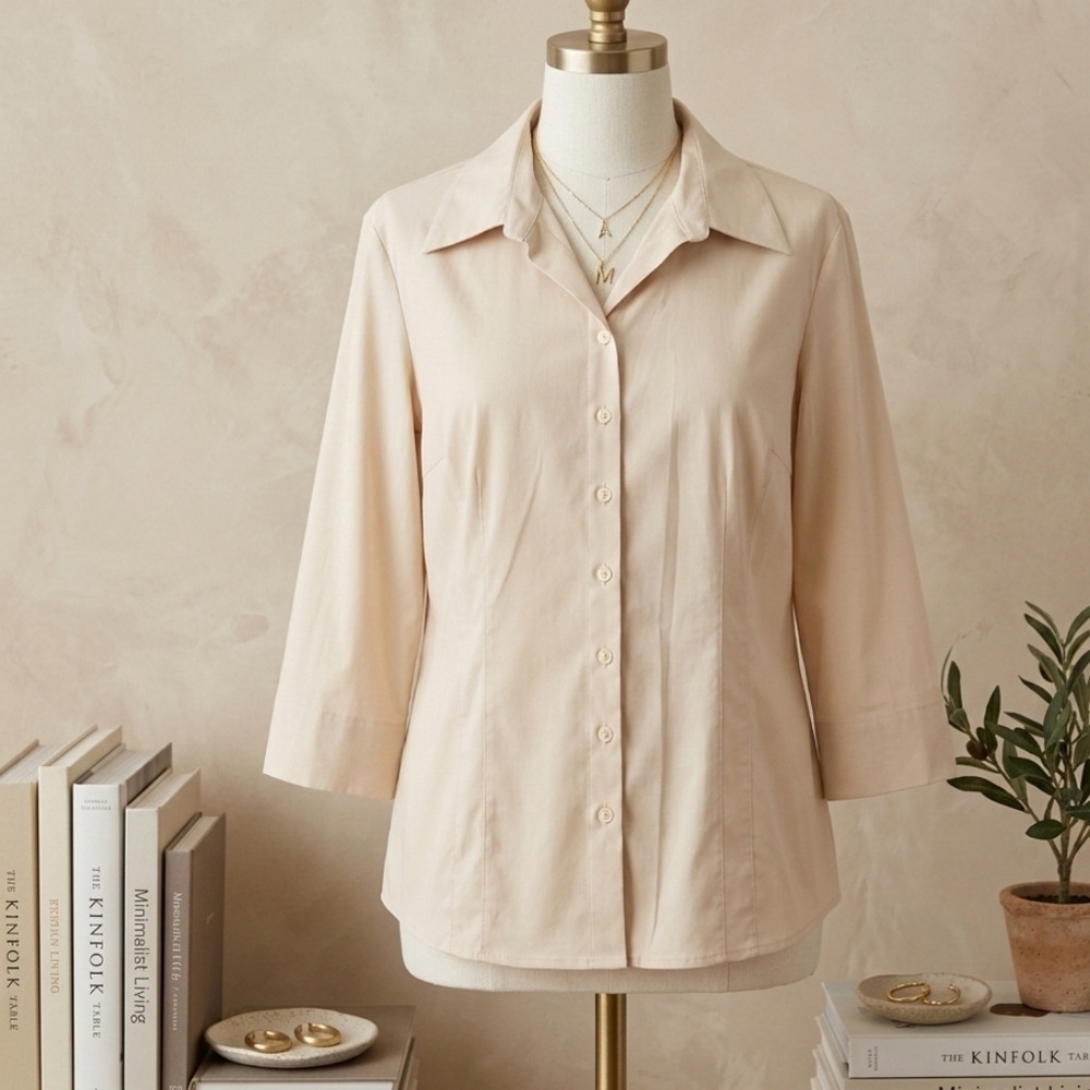 Cleo XL Beige Button Down Blouse 3/4 Sleeve Stretch Neutral Quiet Luxury Office